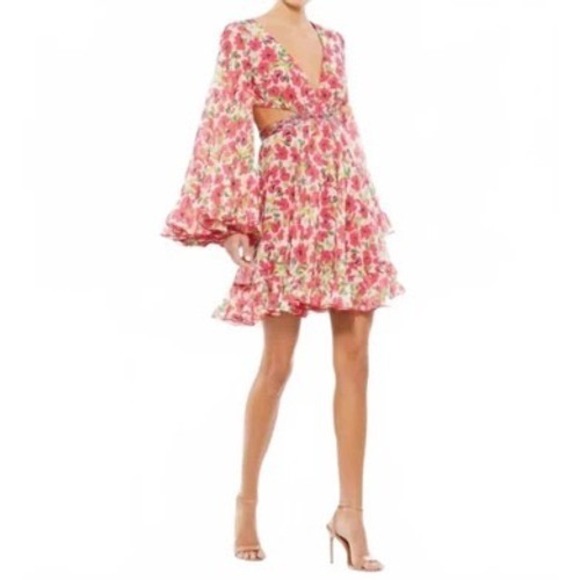 Mac Duggal NEW Floral Print Mini Dress Bell Sleeve Belted Cutout #9158 Size 6 - Picture 2 of 13